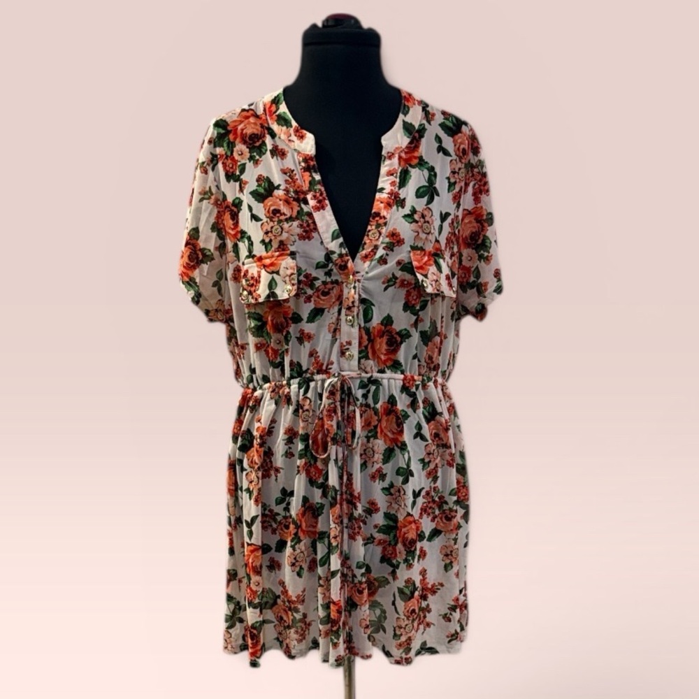 Sheer White Floral Button-Front Drawstring Short Dress or Top with Roses